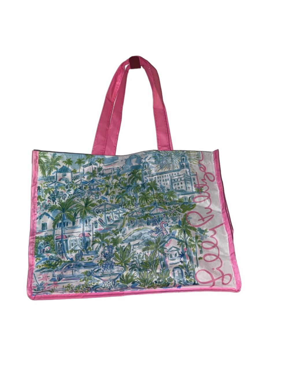 Women's Lilly Pulitzer White Pink Resort Print Tote Shopping Bag Approx 14”